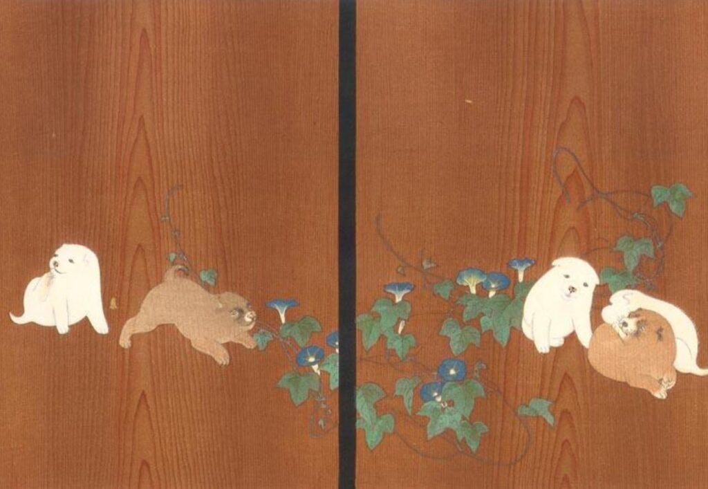 円山応挙　子犬と朝顔の襖絵